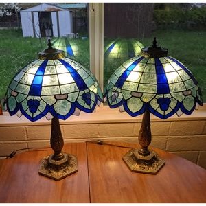 Louis XVI style Ormolu candlestick lamp set w/ Tiffany style stained glass